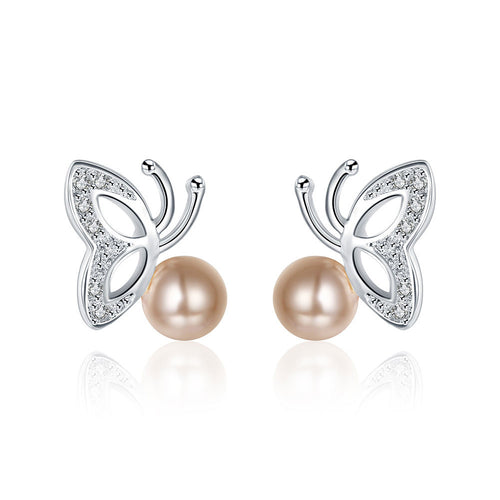 18K White Gold Plated Wings & Coral Pearl Earring